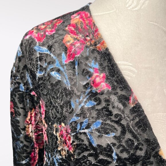 Monteau Black Pink Blue Crushed Velvet Floral Burnout Kimono Jacket Small - Picture 8 of 10